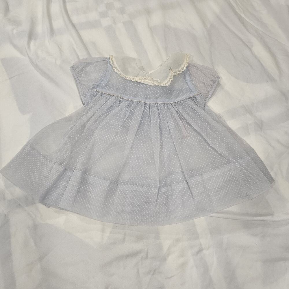 Vintage Blue Polka Dot Nannette Baby Girl Dress 12 Months Babe Frock MADE IN USA